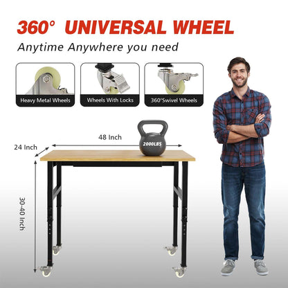 48" Adjustable Workbench, Rubber Wood Top Heavy-Duty Workstation, 2000 LBS Load Capacity Hardwood Worktable with Power Outlets, for Workshop, Garage, Office, Home (48in Workbench with a drawe - WoodArtSupply