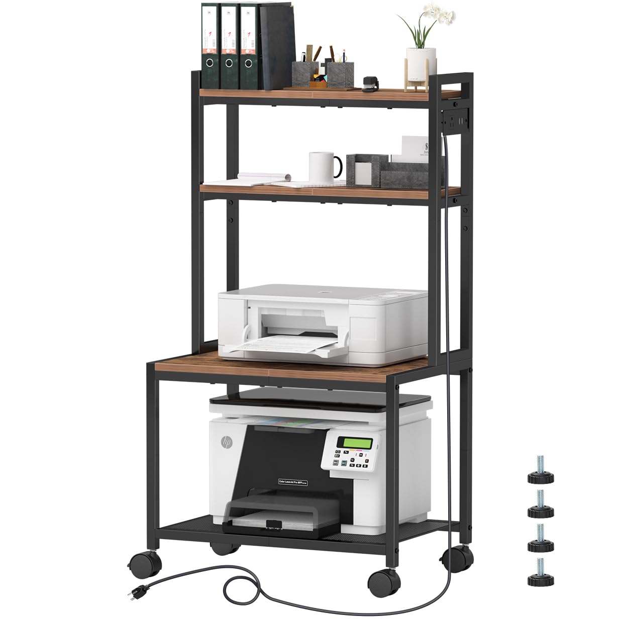 Asgolion Large Printer Stand with Storage, 40" Tall 4 Tier Printer Table with Wheels for Home Office, Printer Cart Beside Desk for Printer, Scanner, Fax, Living Room, Kitchen, Rustic Brown