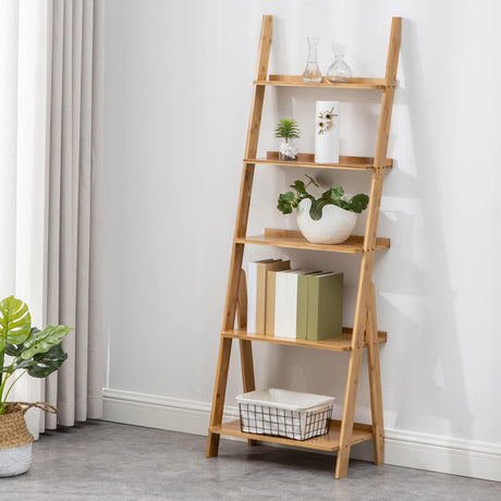Maydear Bamboo Ladder Shelf Bookcase, 5-Tier Leaning Bookshelf Free Standing Organizer Storage Shelves for Living Room, Bedroom, Kitchen, Home Office, Balcony, Natural Wood Maydear