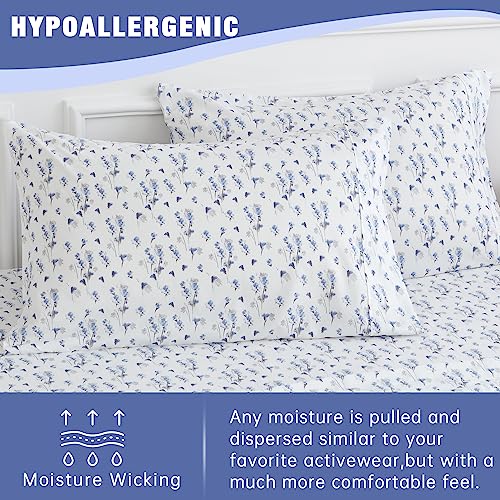Twin Bed Sheet Set 3PC Printed Light Blue Flower Pattern Cooling 1800 Microfiber with Deep Pocket, Hotel Luxury, Soft, Breathable, Hypoallergenic, Wrinkle Free, Single Bedding for Kids, College Dorm KACEMOO