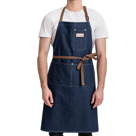 ROTANET Denim Work Apron with 3 Pockets Jean Shop Aprons for Chef Hairstylist Kitchen Woodworking for Men Women Blue ROTANET