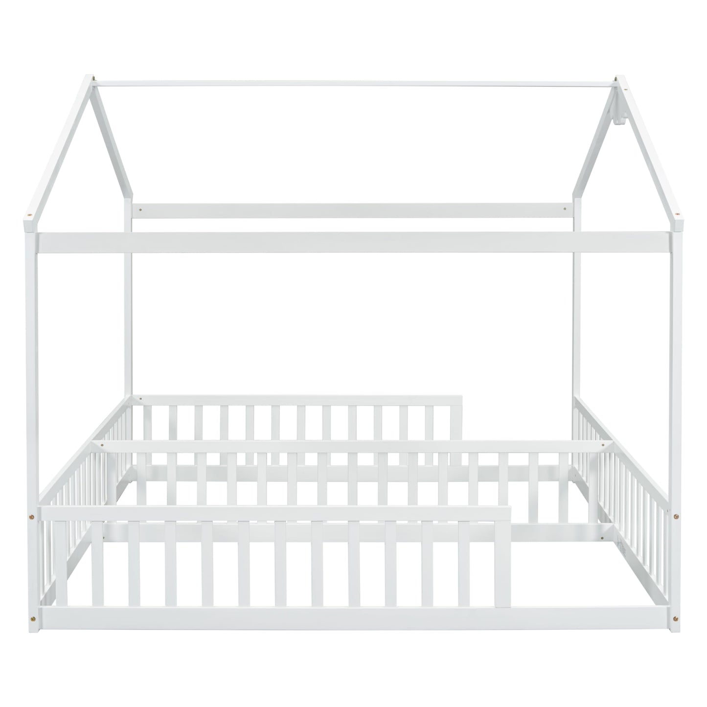 Luckiofvonne Twin House Bed Frame for Kids - Double Montessori Floor Beds with Fence Railings in White - WoodArtSupply