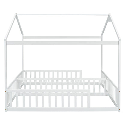 Luckiofvonne Twin House Bed Frame for Kids - Double Montessori Floor Beds with Fence Railings in White - WoodArtSupply