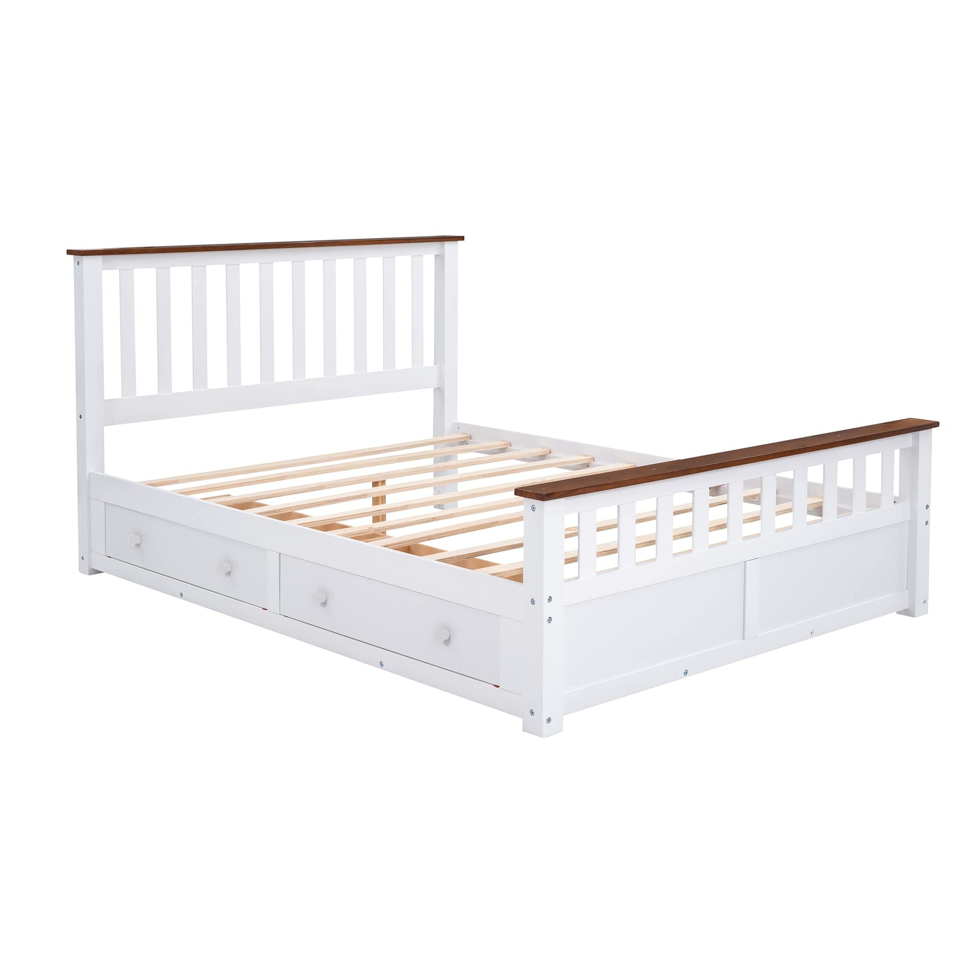 Merax Modern Farmhouse Queen Platform Bed Frame with Hidden Drawers in White and Walnut - WoodArtSupply