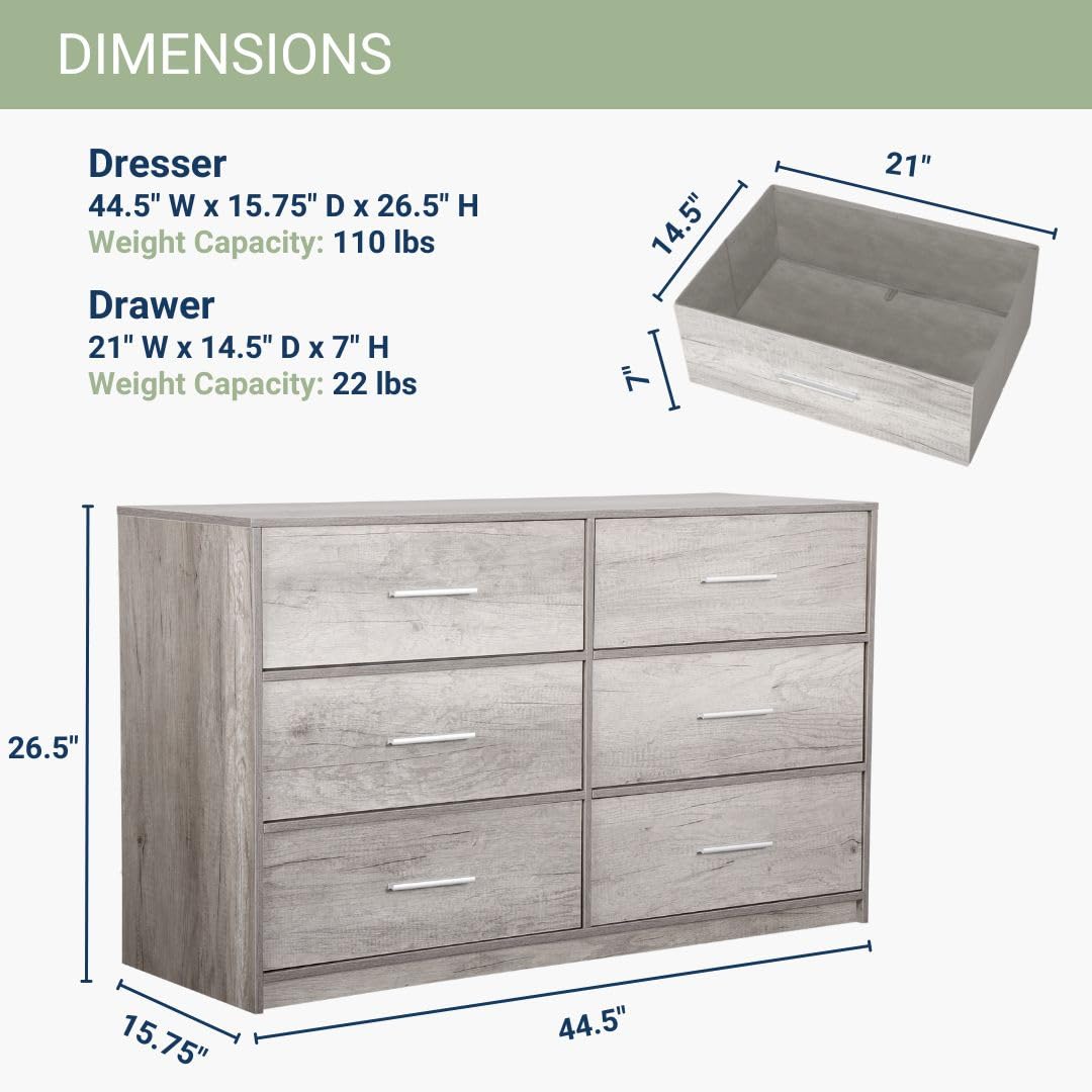 Modern 6-Drawer Dresser with Spacious Storage,Sturdy Wood Frame, and Large Capacity Drawers, Dressers for Bedroom, Home Organization Storage for Living Room or Hallway, Grey Techni Home