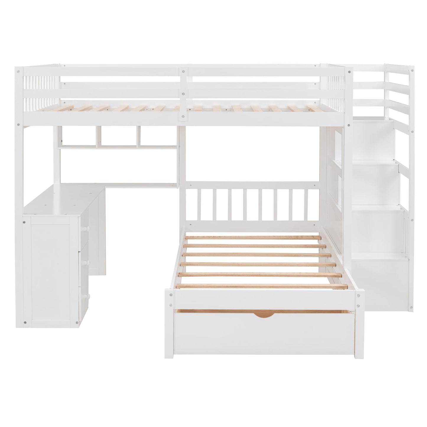 RuiSiSi Full Over Twin Bunk Beds with Stairs & Desk, Solid Wood Loft Bunk Bed with Storage Stairs Shelves and Drawers, Stairway Bunk Bed with Desk and Bookcase for Kids Teens Adults, White