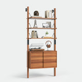 JOINICE, Ladder Bookshelf with Storage Cabinet, Mid Century Modern Wall Mounted Bookcase with Wood and Metal Frame, 6 Tier Open Display Shelves for Living Room, Bedroom, Home Office, Cherry JOINICE