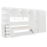 SOFTSEA Twin Size Horizontal Murphy Bed with Desk, Foldable Wall Bed Frame with 3-Door Wardrobe, Drawers & Shelves, Space-Saving Hideaway Bed for Small Space, Apartment, White SOFTSEA