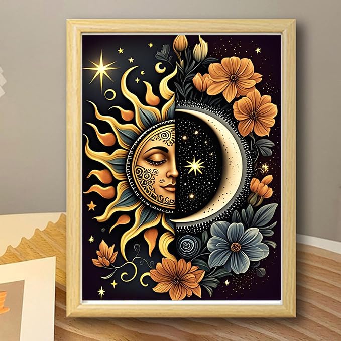 Ekuxom Sun and Moon Diamond Art Kits for Adults, Round Full Drill Diamond Painting Kits, Glow Diamond Art Dots Painting Gem Craft Wall Art Decor Gifts 12x16 inch Ekuxom