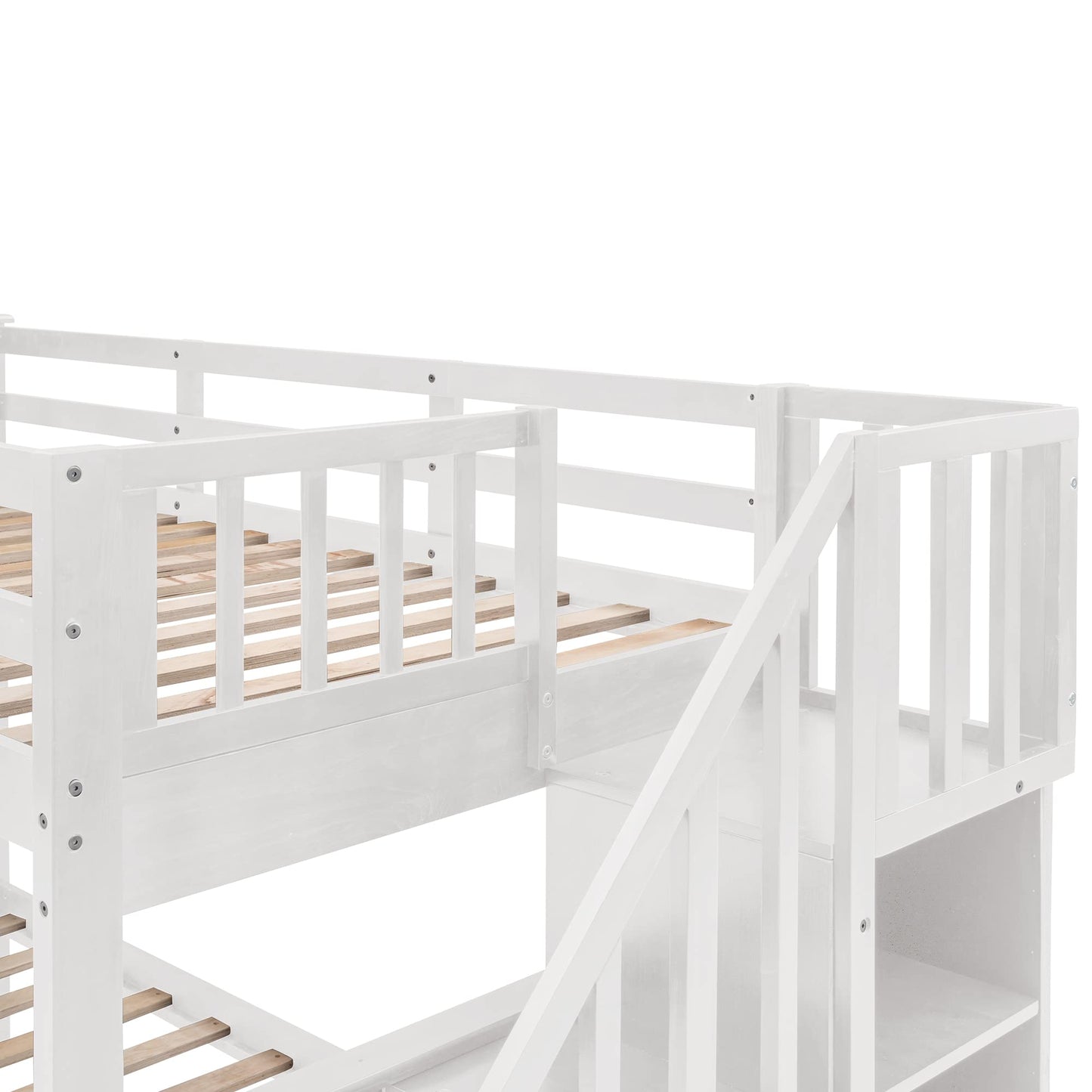 MERITLINE Twin Over Full Bunk Bed with Stairs, Storage Drawers, and Shelf - No Box Spring Needed, White - WoodArtSupply