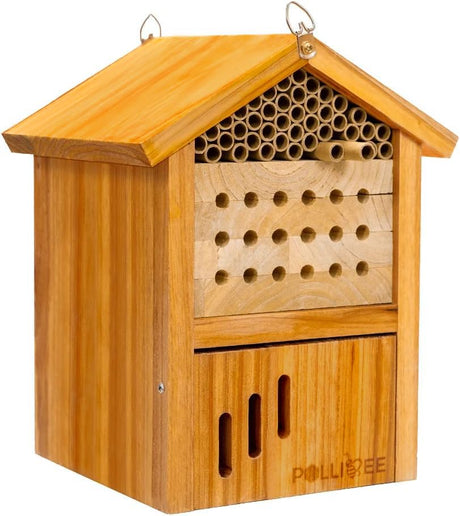 Mason Bee House - Wax Coated Waterproof Hotel for The Garden, Natural Handmade Wooden Home, Attracts Peaceful Pollinators, Native Habitat POLLIBEE