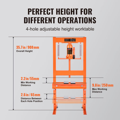 VEVOR Hydraulic 6 Ton H-Frame Garage Floor Adjustable Shop Press with Plates, 6T, Orange - WoodArtSupply