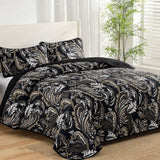 WONGS BEDDING Boho Quilt Set King,Black Paisley Floral Pattern Bedspread Coverlet Set with 2 Pillowcases,3 Piece Lightweight Microfiber Bohemian Quilt Bedding Set 104"×90" WONGS BEDDING