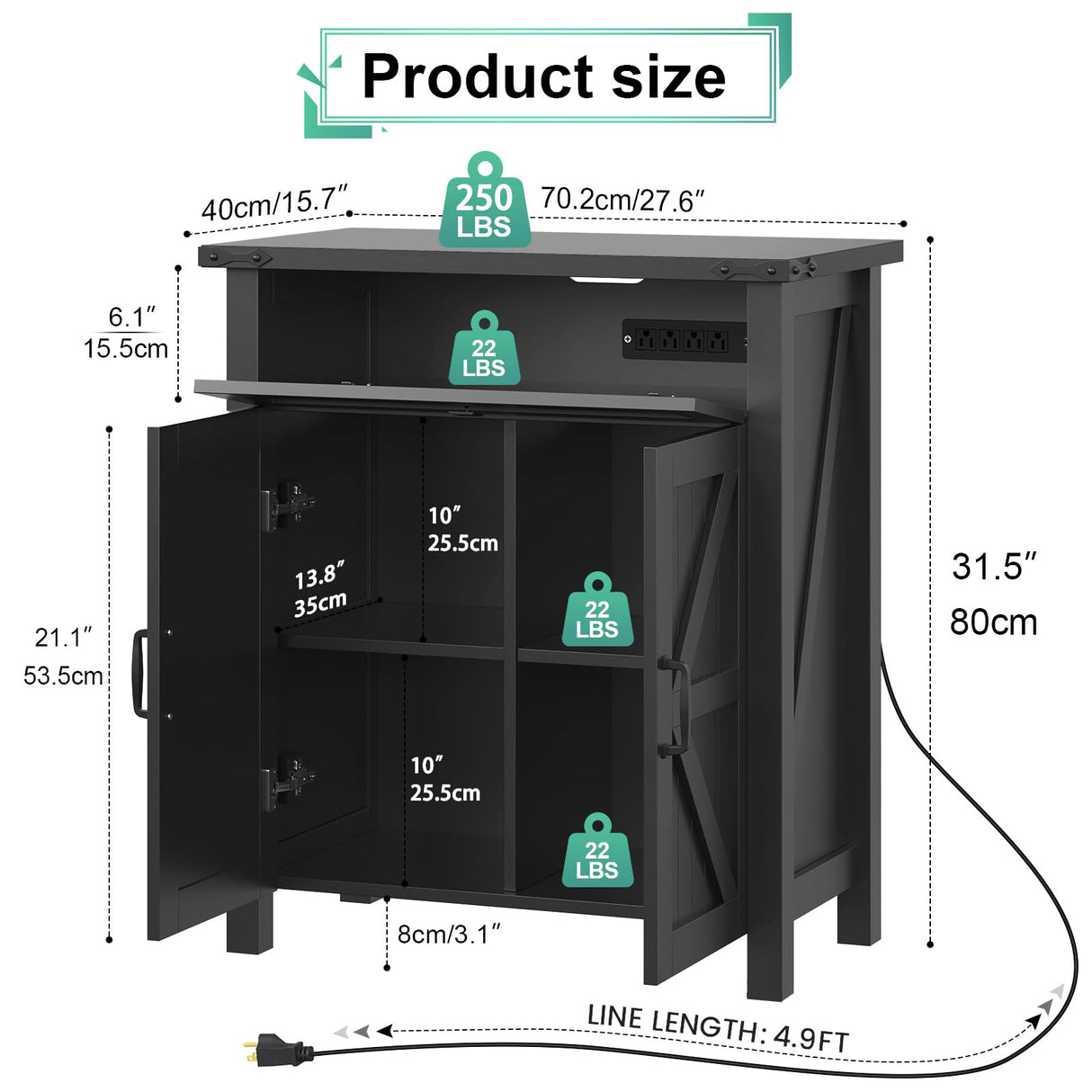Saudism 20 Gallon Aquarium Stand With Charging Station, Farmhouse Fish Tank Stand, Reptile Tank Stand Terrarium Stand with Drawer and Cabinet Storage, Sturdy Heavy Duty 27.6"×15.7" Tabletop - Black Saudism