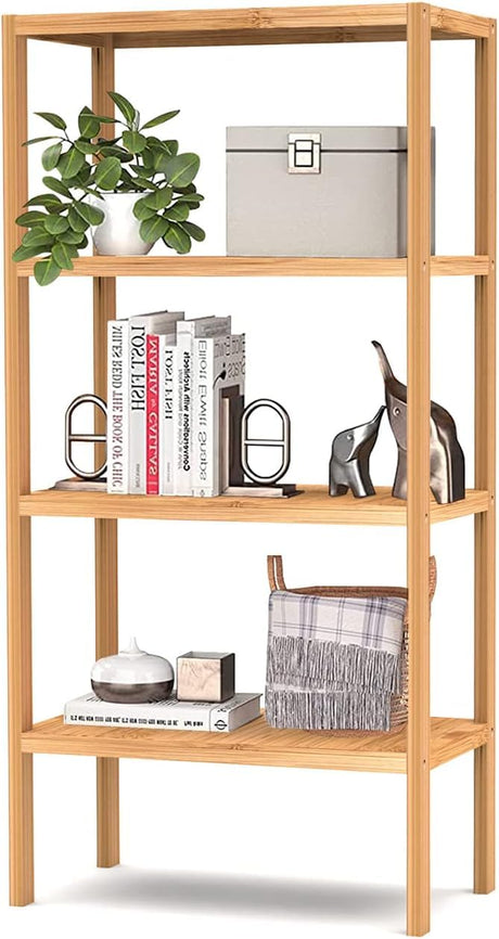 FoverOne 4 Tier Bamboo Shelf, Freestanding Book Shelf Bookcase Storage Rack for Bathroom Kitchen Living Room FoverOne