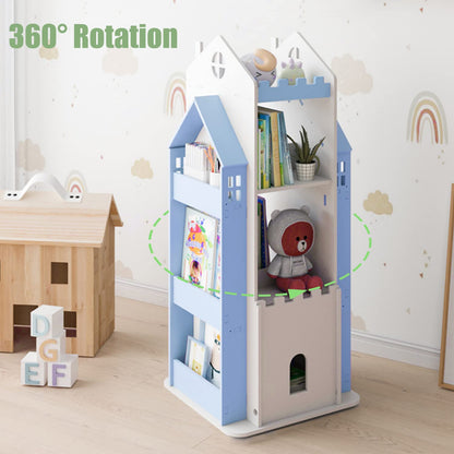 MYOYAY 360° Rotating Children's Bookshelf - 3 Tier Swivel Bookcase in Blue, Ideal for Kids' Bedroom Storage - WoodArtSupply