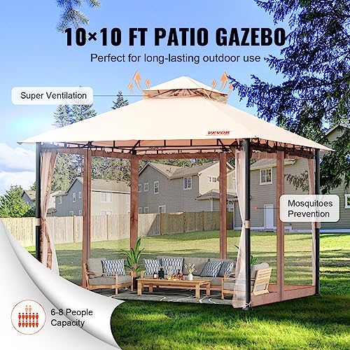 VEVOR Patio Gazebo for 6-8 Person, 10 x 10 FT Backyard Gazebo, with Mosquito Netting, Metal Frame, and PU Coated 180G Polyester, Outdoor Canopy Shelter for Patio, Backyard, Lawn, Garden, Deck VEVOR