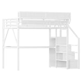 Full Loft Bed with Desk and RGB Light, Metal Loft Bed Frame with Stairs and Bedside Shelf, Heavy-Duty Lofts Beds with Storage Shelves and Wardrobe for Kids Teens, White Mirightone