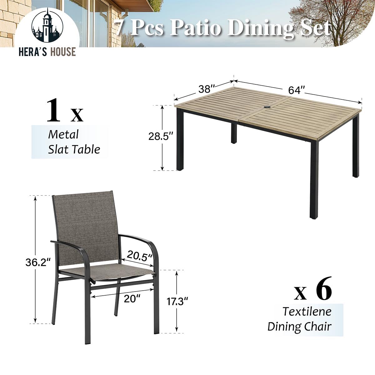 HERA'S HOUSE Outdoor Dining Set, 64" Wood Grain Rectangle Metal Table with Umbrella Hole and 6 Armrest Chairs, Patio Table and Chairs for Backyard Garden Porch HERA'S HOUSE