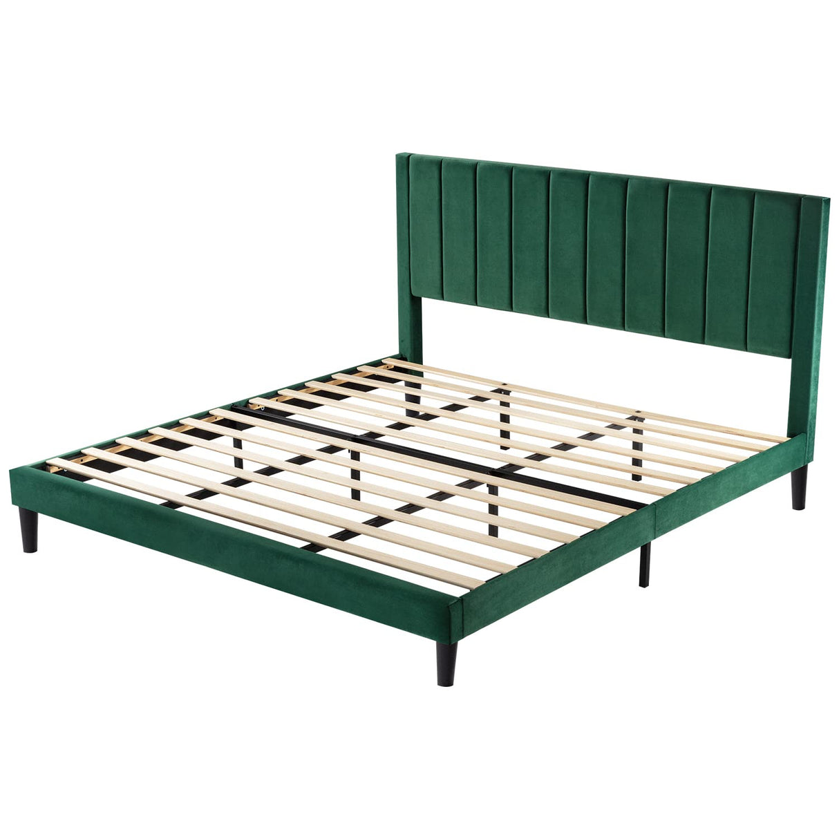 Allewie King Platform Bed Frame/Velvet Upholstered Bed Frame with Vertical Channel Tufted Headboard/Strong Wooden Slats/Mattress Foundation/Box Spring Optional/Easy Assembly/Green Allewie