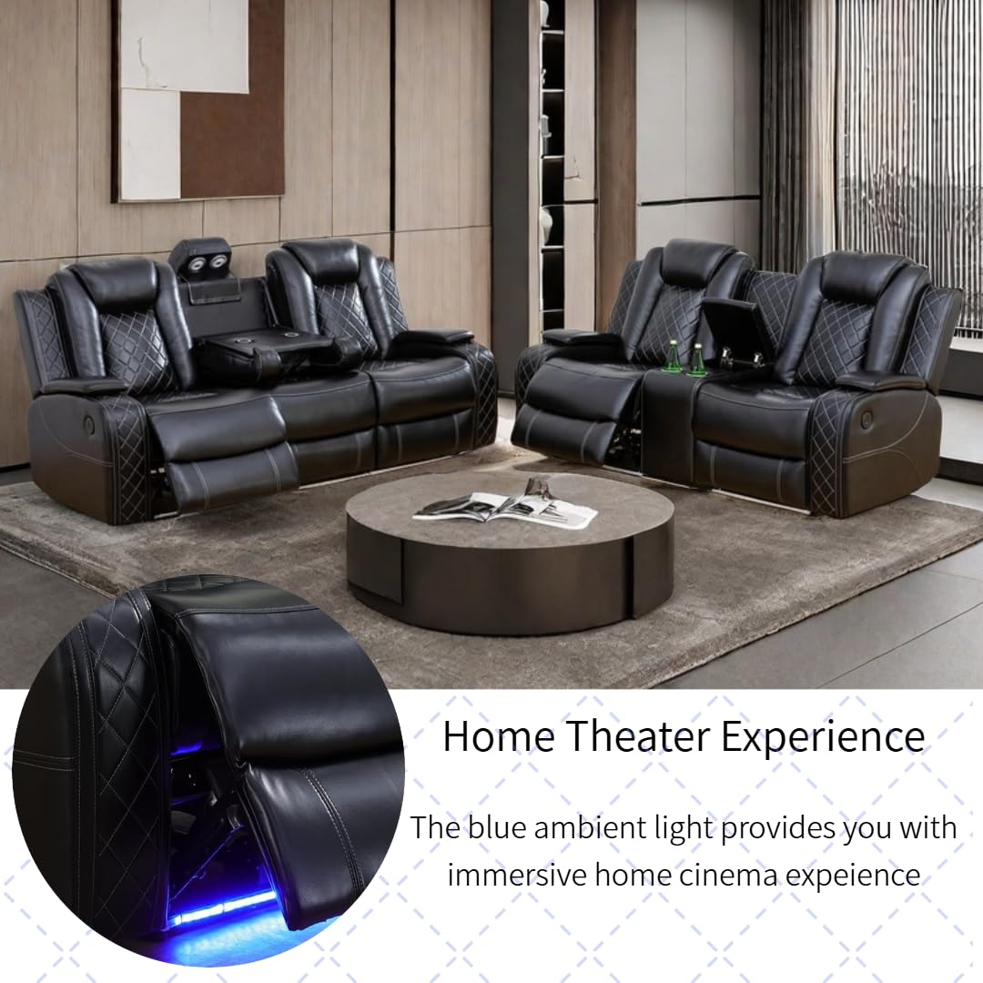 AYCP Furniture Power Recliner Set with LED Lights, Air Leather Reclining Set with USB Port/Wireless Charger/Storage Console/Cup Holder for House/HomeTheater/Apt (Black, Sofa Loveseat) AYCP Furniture