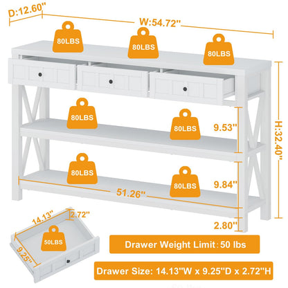 FATORRI Rustic Wood and Metal Console Table with 3 Drawers for Entryway and Living Room - White Oak - WoodArtSupply