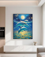Dolphin 5D Diamond Painting Kit for Adults，Moonlit Ocean Full Drill DIY Round Gem Art Diamond Art Kits Painting Crafts Ideal for Beginners and Home Wall Decor 12X16inch PUSHPIN PAINTING