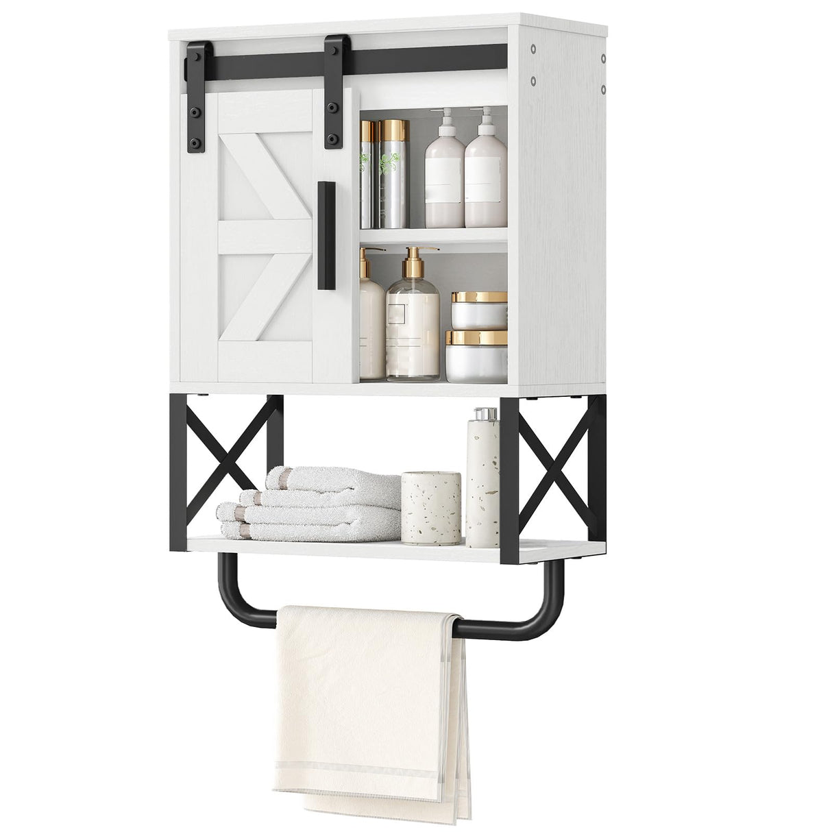 HOOBRO Medicine Cabinet, Farmhouse Bathroom Wall Cabinet with Sliding Barn Door, Adjustable Shelf and Towel Bar, Wall Mounted Storage Cabinet Over The Toilet for Bathroom, Kitchen, Bedroom, White HOOBRO