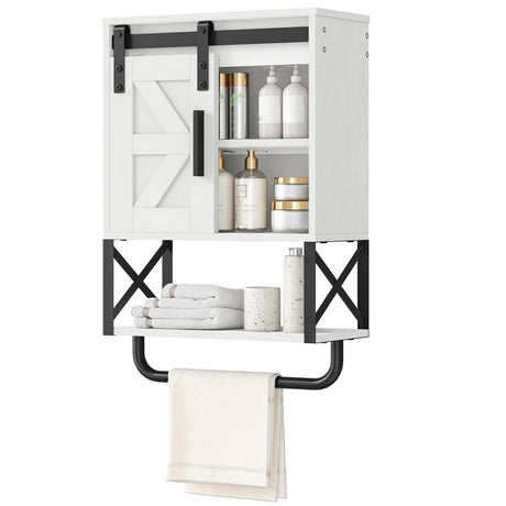 HOOBRO Medicine Cabinet, Farmhouse Bathroom Wall Cabinet with Sliding Barn Door, Adjustable Shelf and Towel Bar, Wall Mounted Storage Cabinet Over The Toilet for Bathroom, Kitchen, Bedroom, White HOOBRO