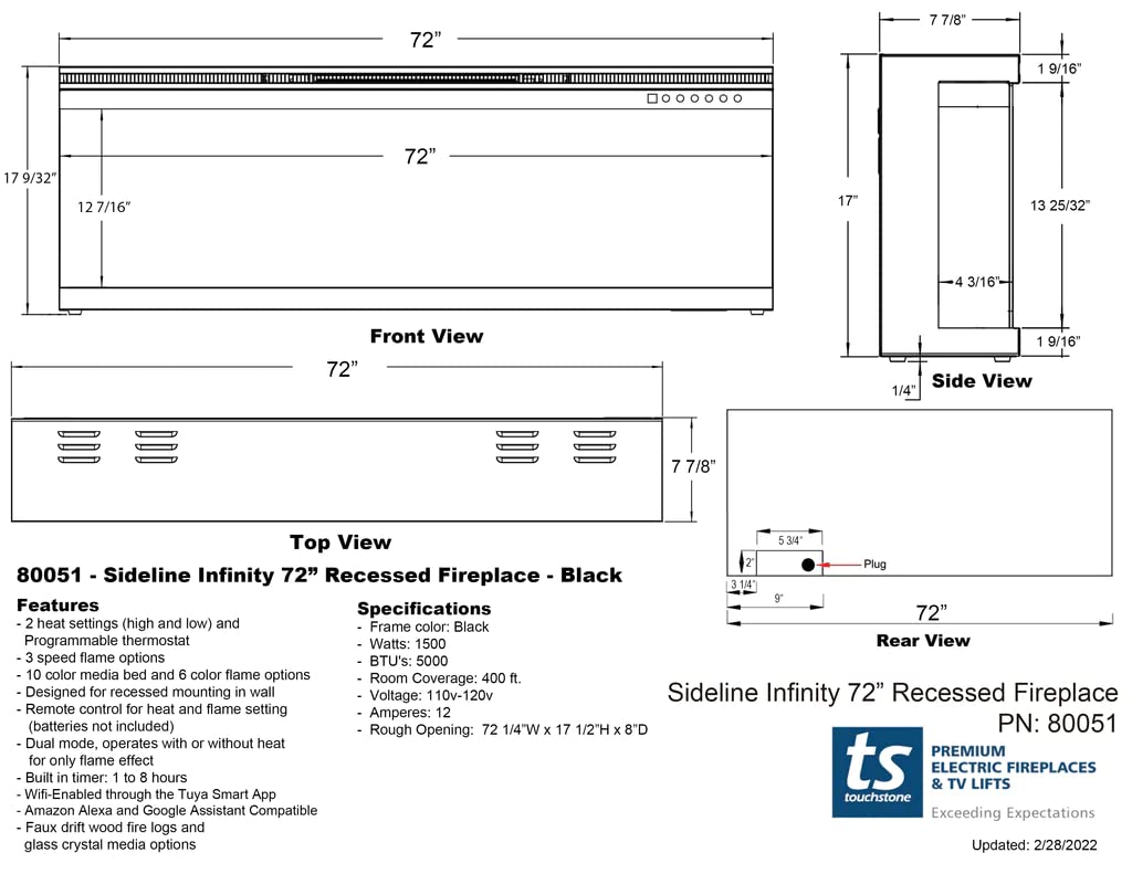 Touchstone Sideline Infinity 3-Sided Smart 72-inch WiFi-Enabled Electric Fireplace - 80051 - Built-in - 60 Color Combinations - 1500/750 Watt Heater (68-88°F Thermostat) - Black - Log & Crystals