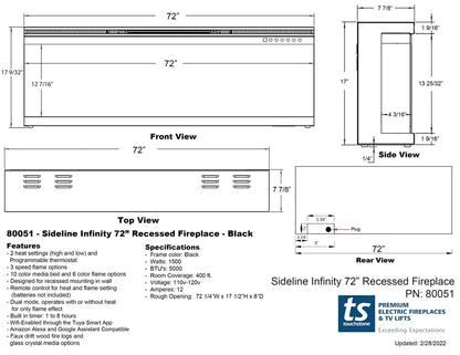 Touchstone Sideline Infinity 3-Sided Smart 72-inch WiFi-Enabled Electric Fireplace - 80051 - Built-in - 60 Color Combinations - 1500/750 Watt Heater (68-88°F Thermostat) - Black - Log & Crystals