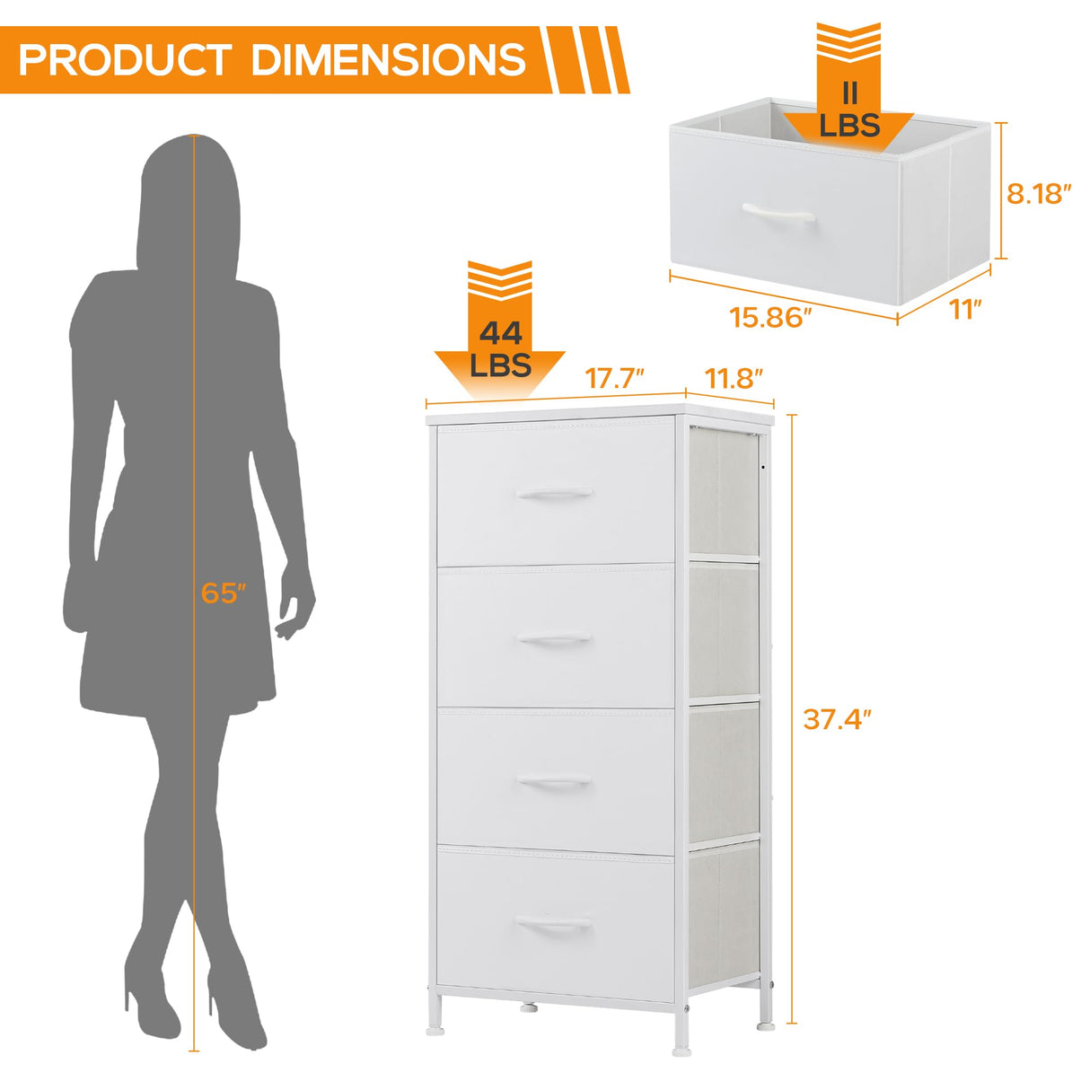 DUMOS Dresser for Bedroom, 4 Storage Drawers, Tall Fabric Closet Chests Organizer Tower Furniture with Wooden Top Metal Frame for Clothes, Living Room, Hallway, Entryway DUMOS