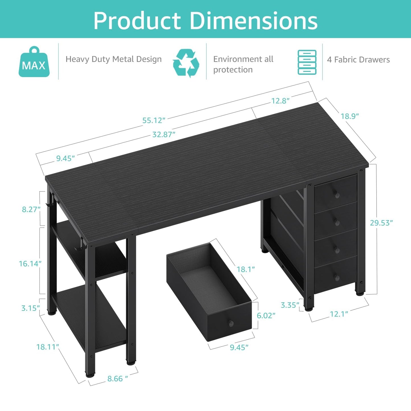 Lufeiya Gaming Desk with 4 Fabric Drawers & Storage Shelves, 55 inch Computer Writing Work Study Desk for Home Office Bedroom, Modern Simple Student PC Desks Table, Black