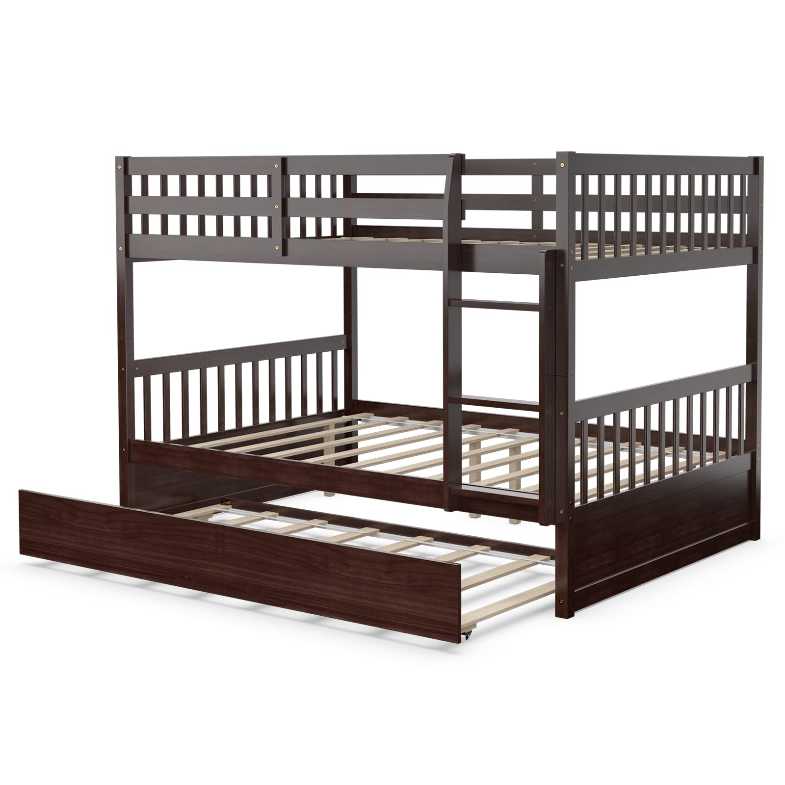 KOMFOTT Solid Wood Full Over Full Bunk Bed with Trundle and Ladder – Space-Saving Design for Teens and Adults - WoodArtSupply