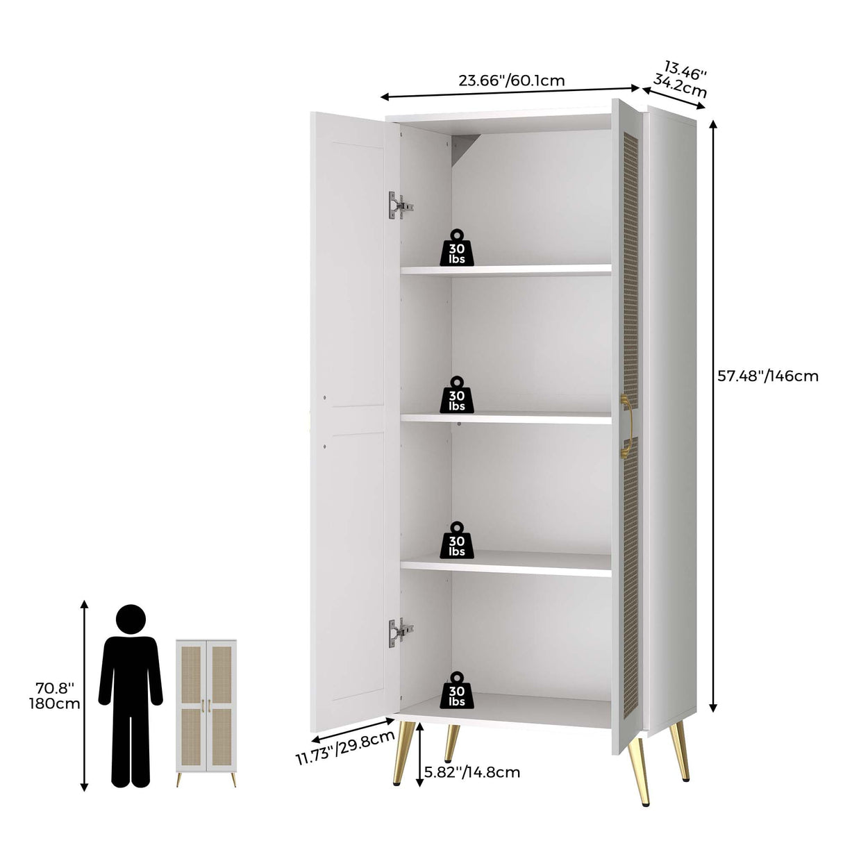 JASIWAY 57" Tall Storage Cabinet with 2 Rattan Doors, Wooden Floor Cabinet with Adjustable Shelves for Bathroom/Kitchen/Living Room, Freestanding Pantry, Metal Handle, Anti-Tipping Device, White JASIWAY