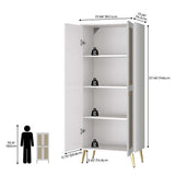 JASIWAY 57" Tall Storage Cabinet with 2 Rattan Doors, Wooden Floor Cabinet with Adjustable Shelves for Bathroom/Kitchen/Living Room, Freestanding Pantry, Metal Handle, Anti-Tipping Device, White JASIWAY