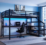Bellemave Queen loft Bed with Storage Stairs, Shelves, Metal Queen Loft Beds with LED Lights, USB Ports, Multifunctional Iron Nets for Adults, Kids, Teens, Black Bellemave