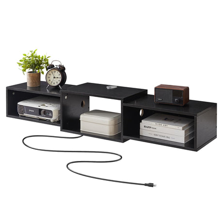 IBUYKE Floating TV Stand Wall Mounted with Power Outlet,Modern Wood Wall Mounted Media Console Shelf,Floating Entertainment Center for Under TV Storage for Living Room Bedroom Office,Black WST001B- IBUYKE