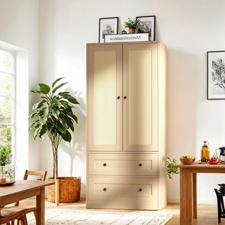 DIYART Rattan Oak Kitchen Pantry Cabinet, 64.2" Tall Kitchen Storage Cabinet with Doors and Drawers, Freestanding Wooden Storage Cabinet for Kitchen, Dining Room DIYART