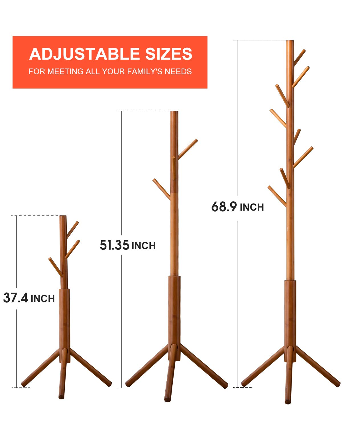 BMOSU Coat Rack freestanding Stand Bamboo Wooden Coat Tree 8 Hooks 3 Adjustable Standing Jackets Hanger Hallway Corner Parlor(Brown) BMOSU