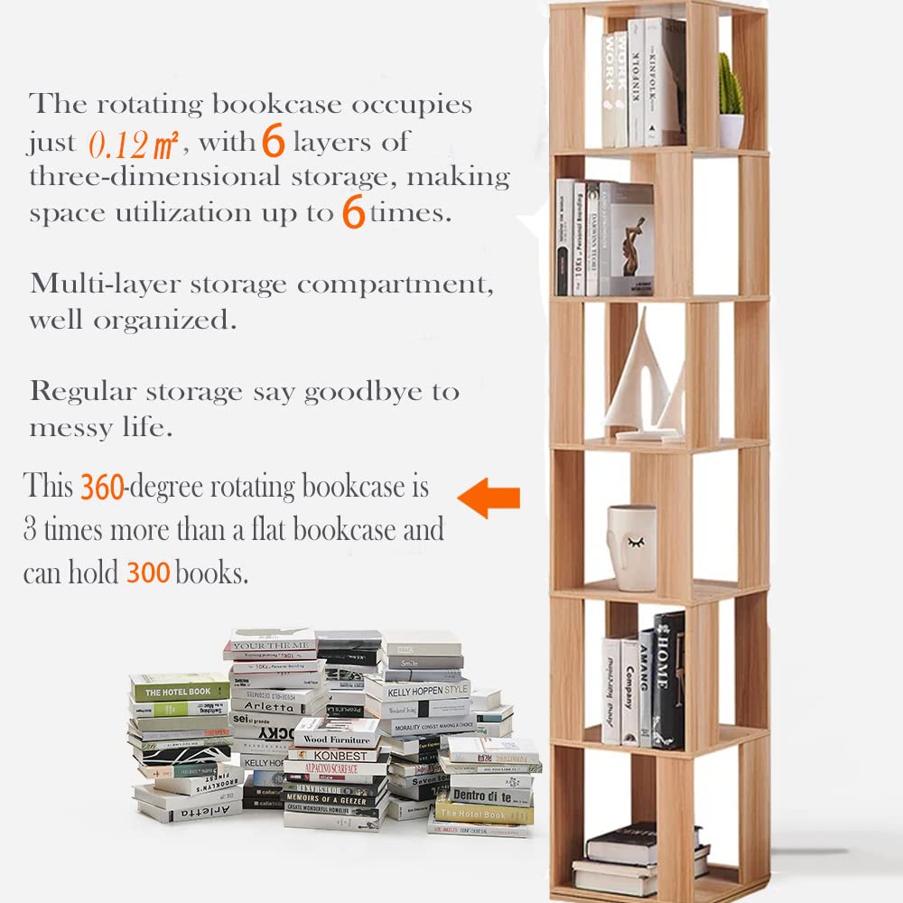 Rotating Bookshelf,6 Tier 360 Floor Standing Revolving Bookcase Storage Rack,Wood Narrow Bookshelf for Small Space,Corner Book Shelf Organizer for Bedroom, Living Room (Burlywood)