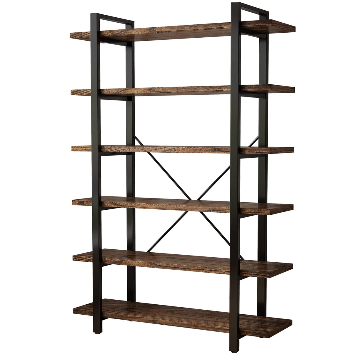 AY-AOYUAN Solid Wood Bookcase and Book Shelves Wood and Metal Shelving Unit 5 Tier Bookshelf Modern Rustic Open Bookshelf Office,Distressed Brown (AY-02-6Tier) AY-AOYUAN