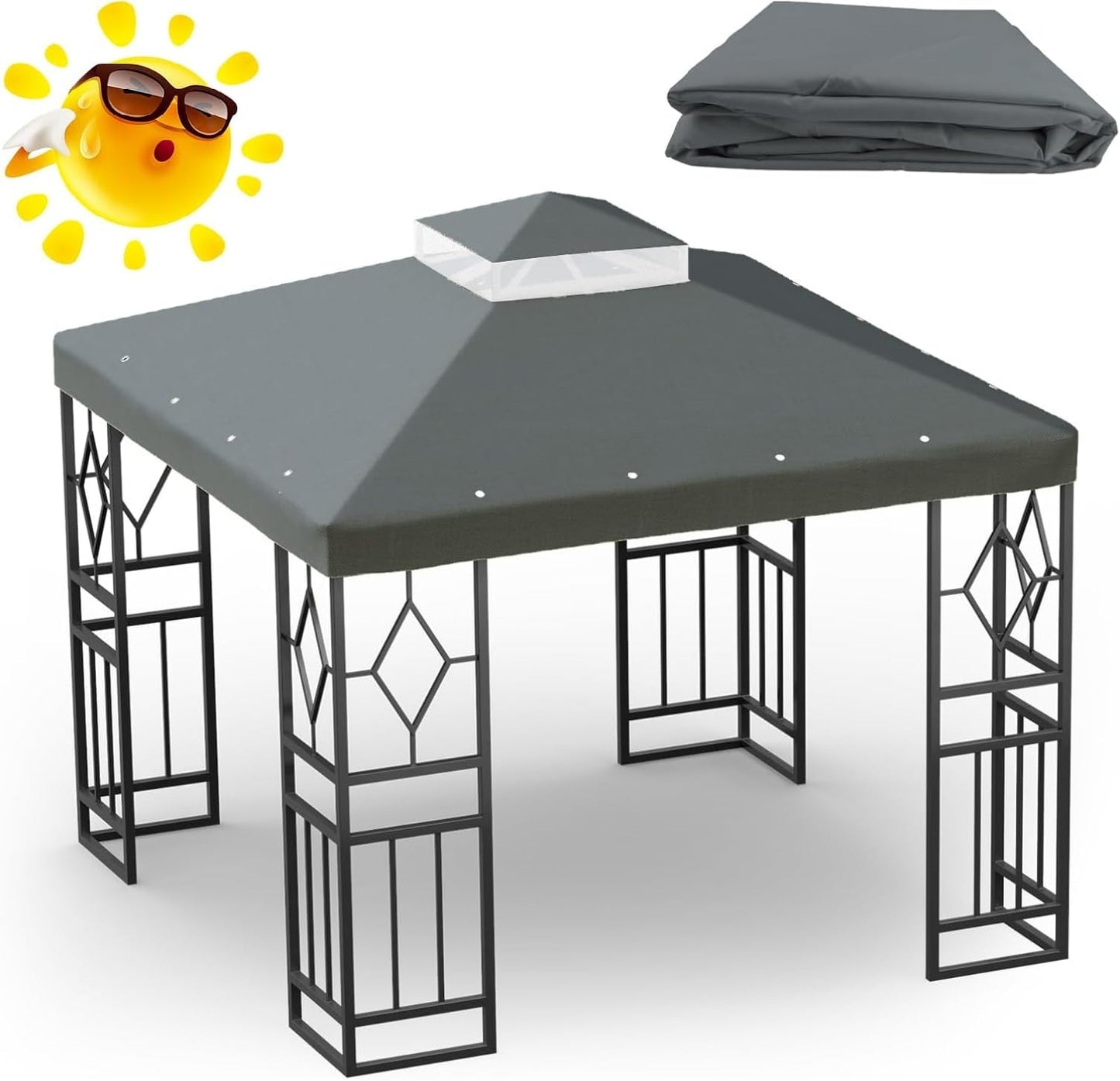 Pelnuies 10x10 Canopy Replacement Top, Double Tiered Grill Gazebo Cover with Gauze Net, Sun and Rainproof Canopy Top Cover for Yard, Patio and Garden(Gray)