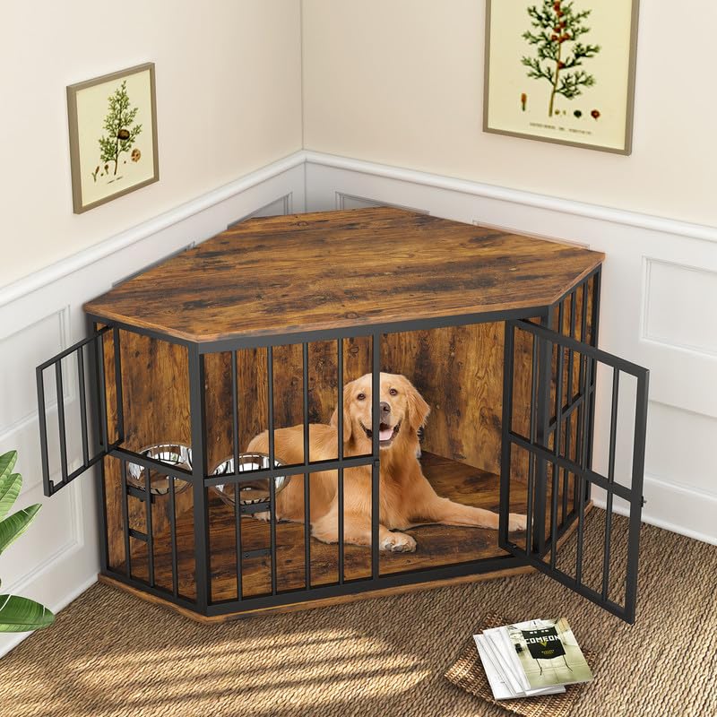 ROOMTEC 53 inch Furniture Dog Crate Corner, Dog Kennel Corner Wooden End Table with Bowl, Indoor Pet Crates Corner Side Table for Dogs, Wide Top Perfect for Limited Room - WoodArtSupply