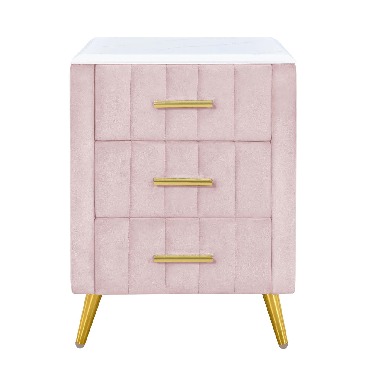 EXZLFA Velvet Upholstered Nightstand End Table with 3 Drawers，Wooden Bedside Table with Marbling Worktop for Living Room Bedroom Home Furniture (Pink) EXZLFA