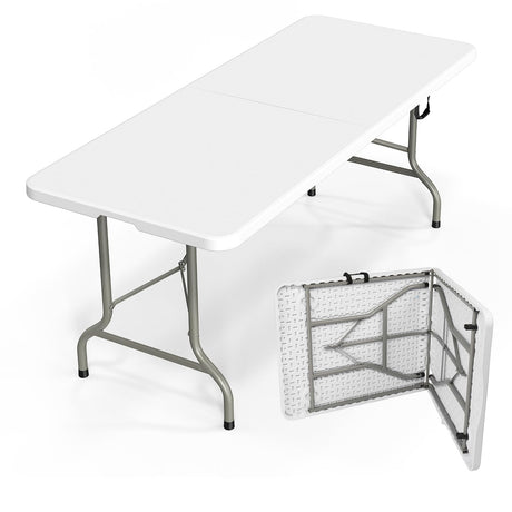 Bonnlo Folding Table 6ft, Portable Collapsible Plastic White Long Tables for Party, Camping, Banquet, Craft, Dining, Wedding, Outdoor and Indoor Use Bonnlo