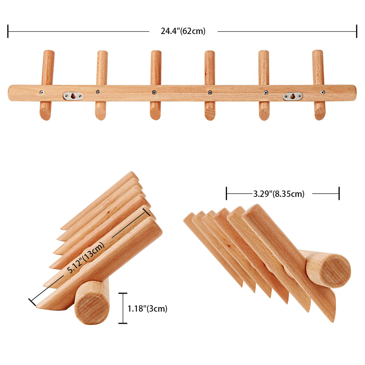 KYSMOTIC Modern Wood Coat and Hat Rack - Wall Mounted - 6 Peg Hooks - Stylish, Natural, Smooth KYSMOTIC