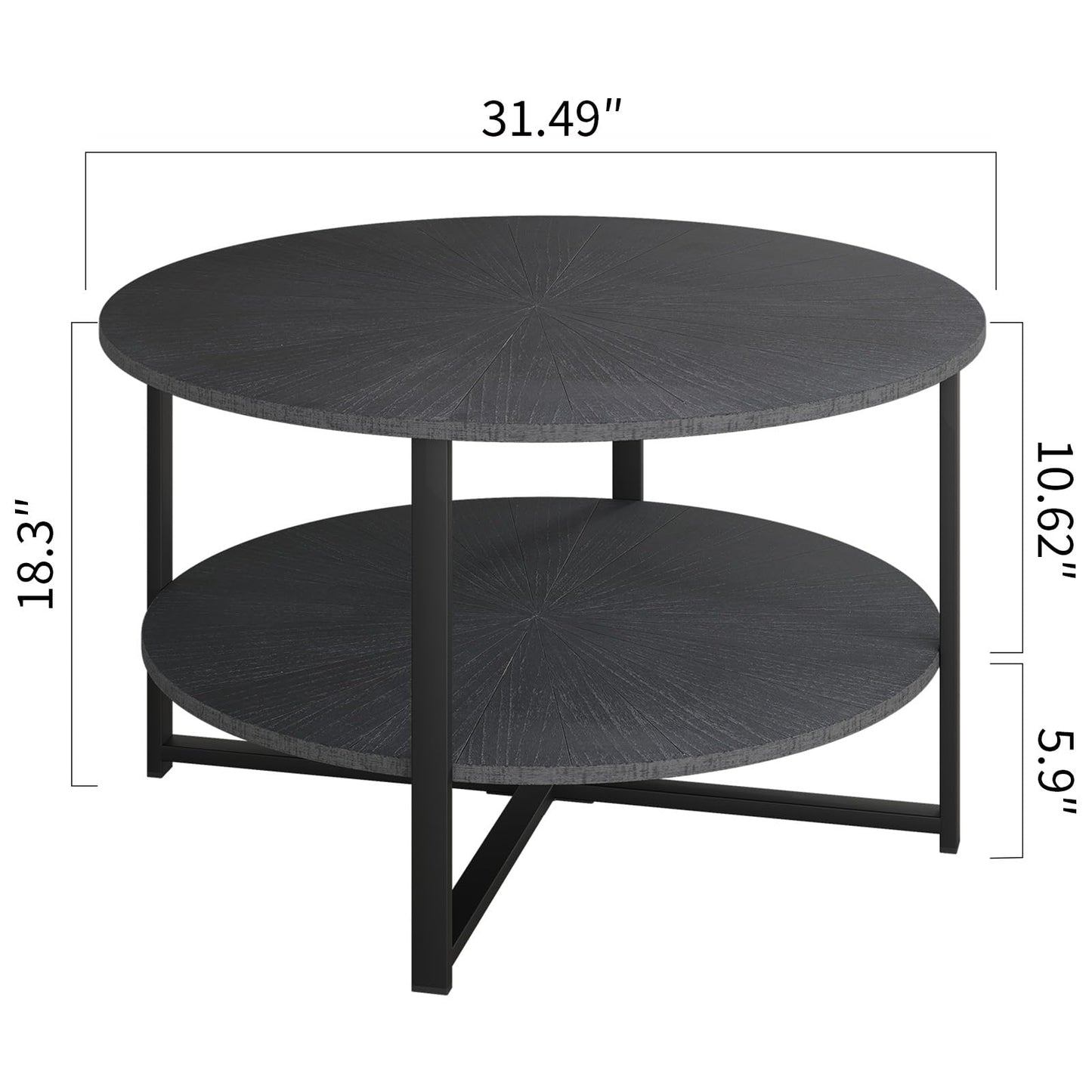 31.5" Coffee Tables for Living Room Small Coffee Table with Open Storage Shelf, 2-Tier Modern Circle Wood Center Table, Black