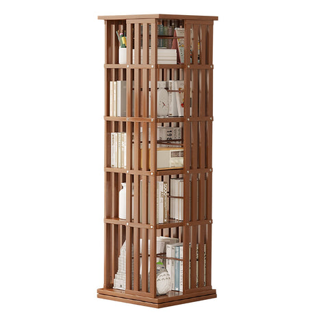 SUZEPER 360° Rotating Bamboo Bookshelf Tower – 5 Tier Floor Standing Storage Rack in Tan SUZEPER