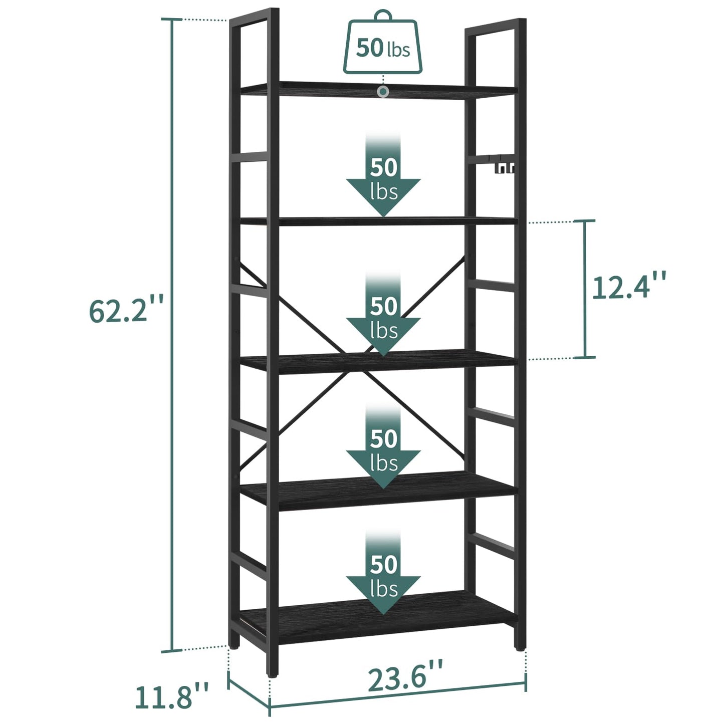 Yoobure 5 Tier Bookshelf - Tall Book Shelf Modern Bookcase for CDs/Movies/Books, Rustic Book Case Industrial Bookshelves Book Storage Organizer for Bedroom Home Office Living Room Black